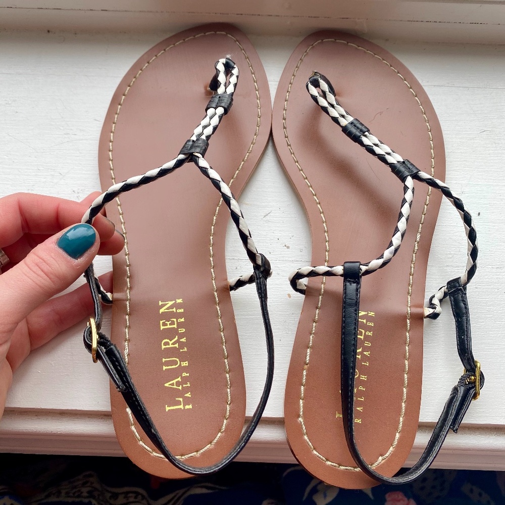 Ralph Lauren Black/White Pattern T-Strap Sandals